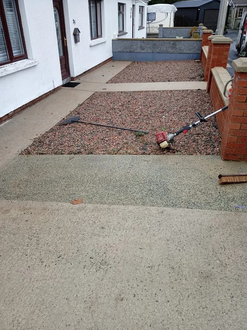 Concrete driveway and paths back to a clean even finish after powerwashing, Co. Tyrone